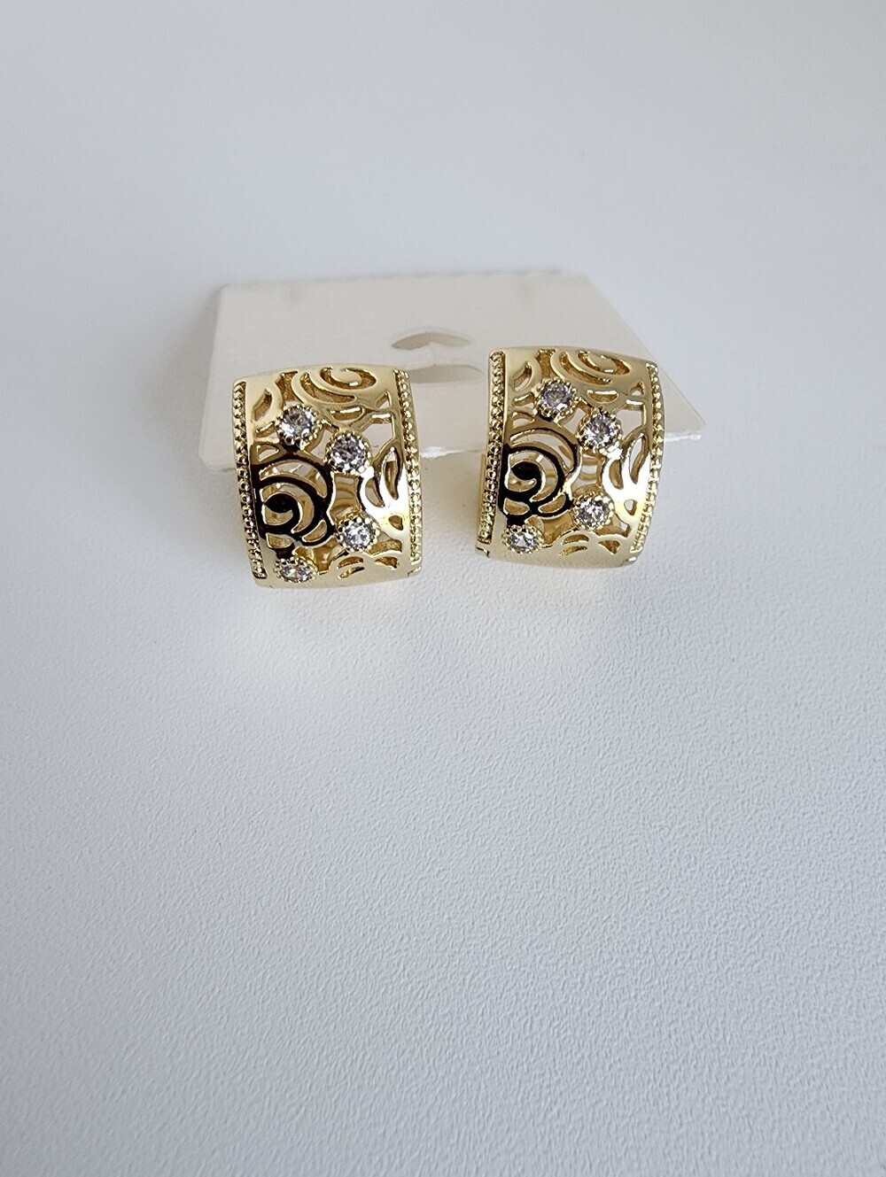 Gold Plated Filigree Hoop Earrings CZ Crystal Hypoallergenic Statement